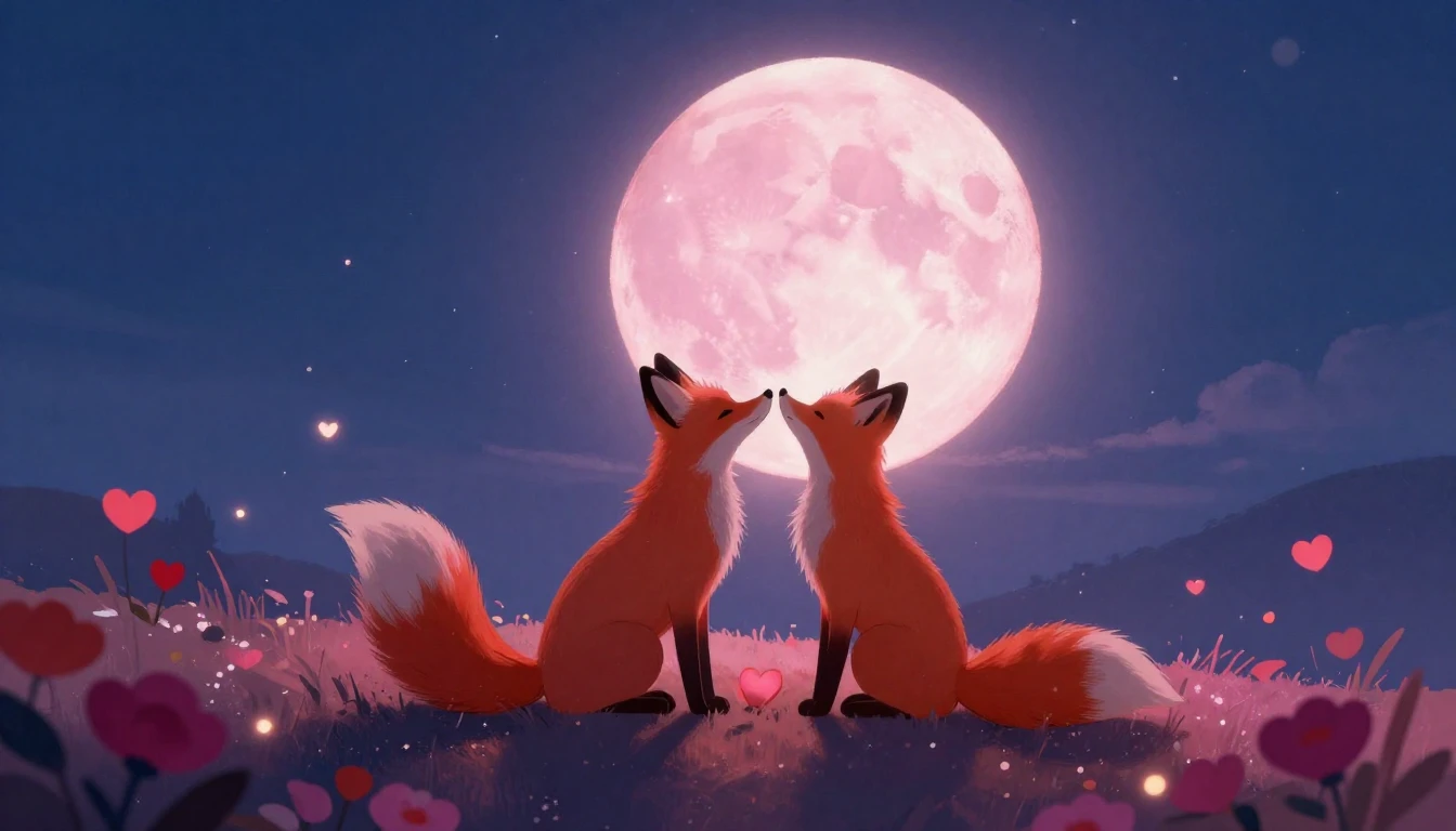 A romantic and dreamy scene featuring two stylized silhouett...