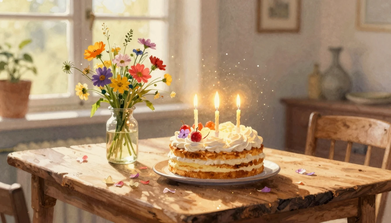 A cozy and warm birthday celebration scene. On a rustic wood...