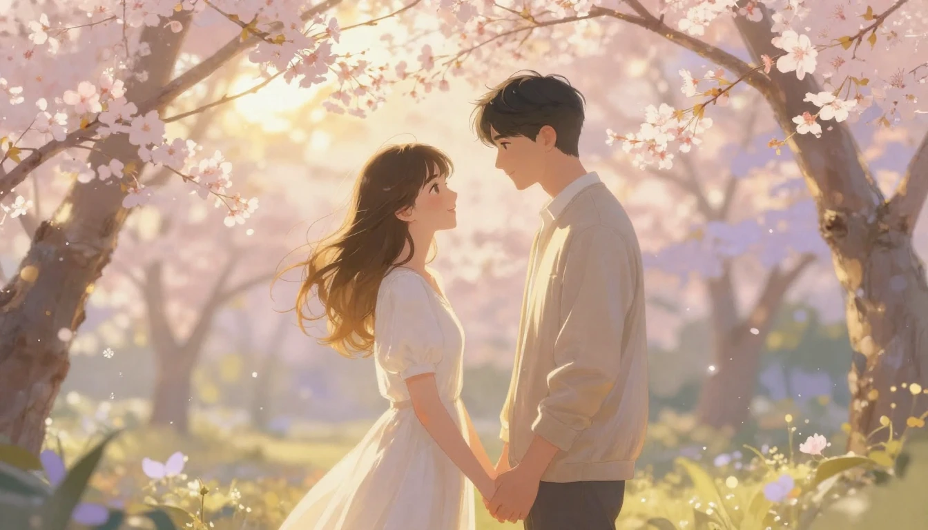 A romantic illustration of a couple standing in a blooming s...