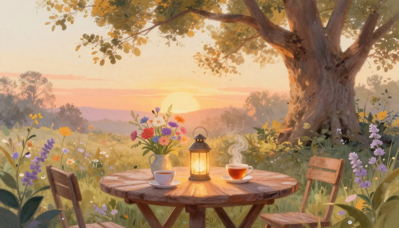 A warm and cozy scene in a lush garden during a golden sunse...