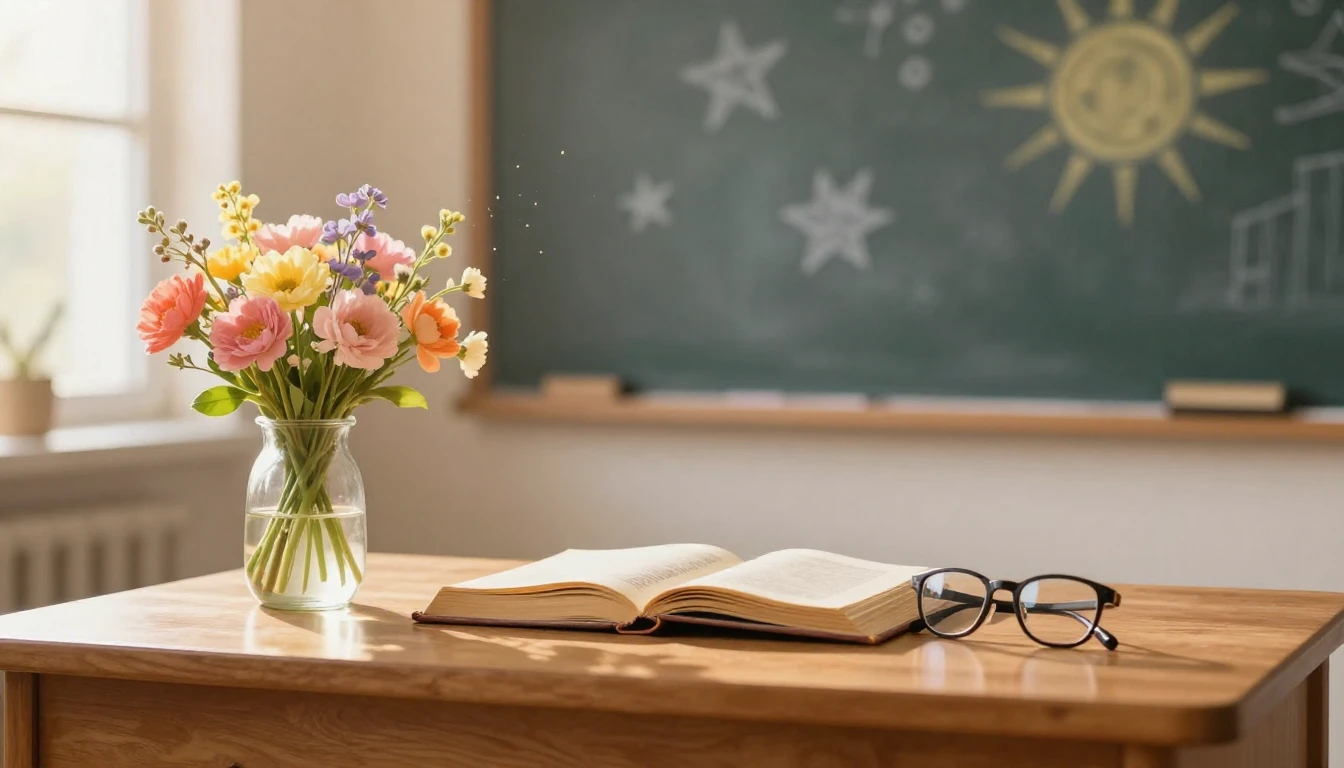 A warm and cozy scene of a teacher's desk made of polished w...
