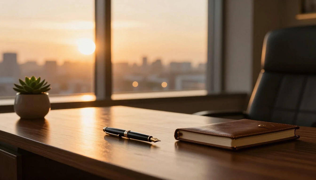 An elegant executive office at sunset with warm golden hour ...