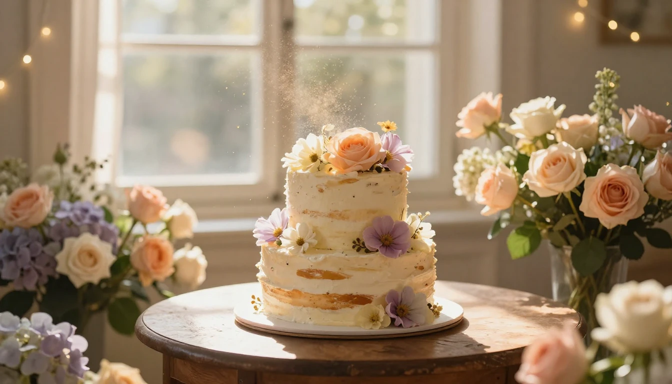 A dreamy and heartwarming scene featuring a beautifully deco...