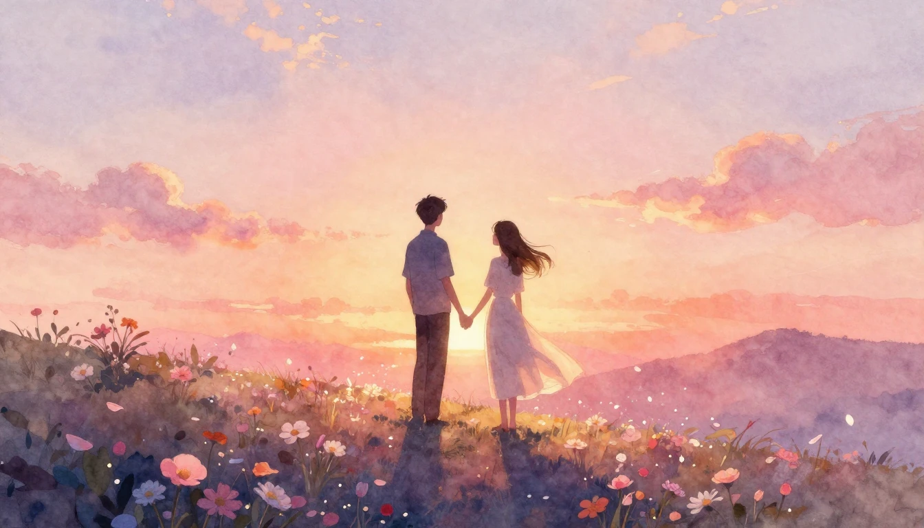 A dreamy and romantic watercolor painting depicting the silh...