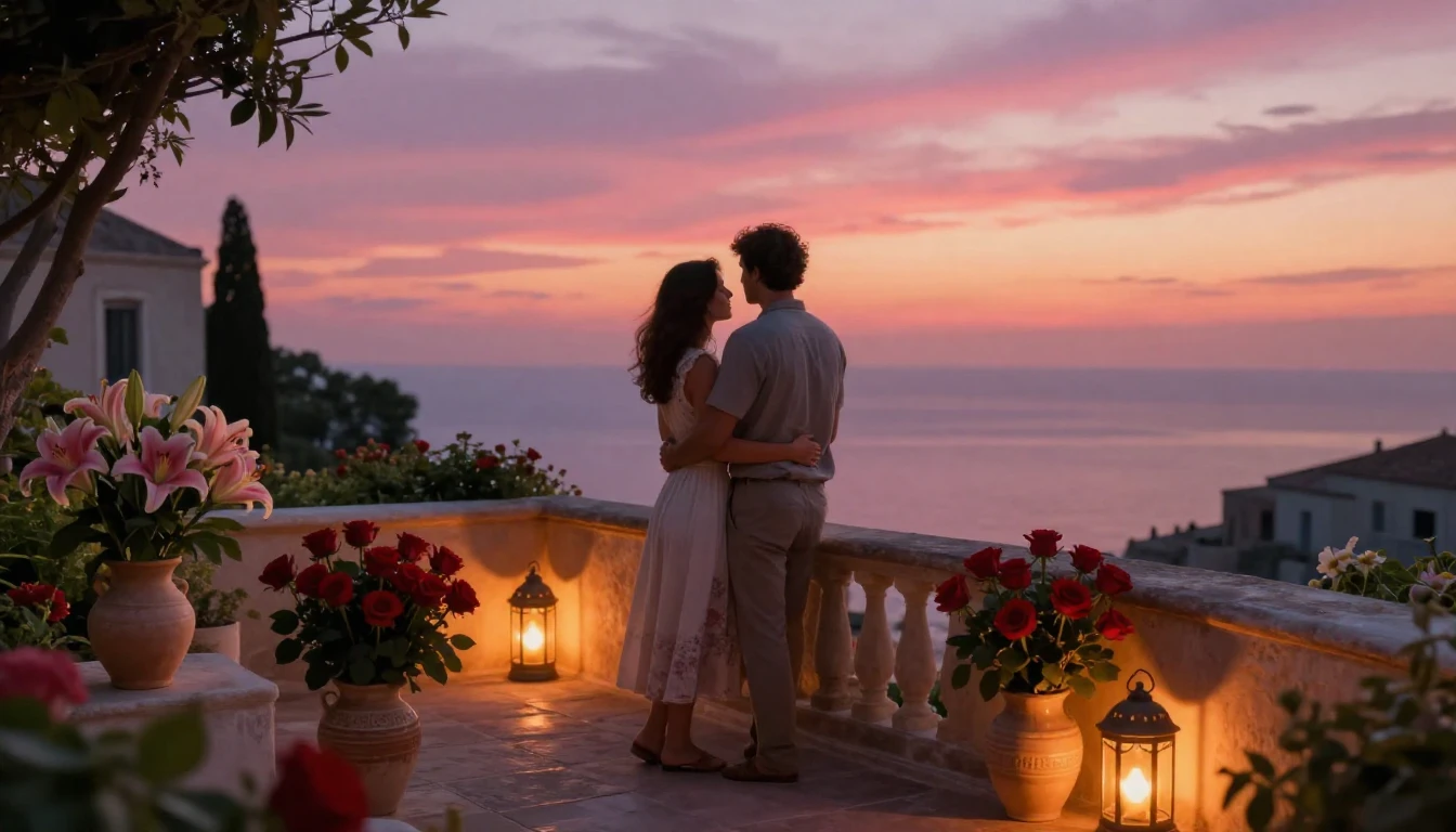 A romantic and dreamy scene featuring a couple standing on a...