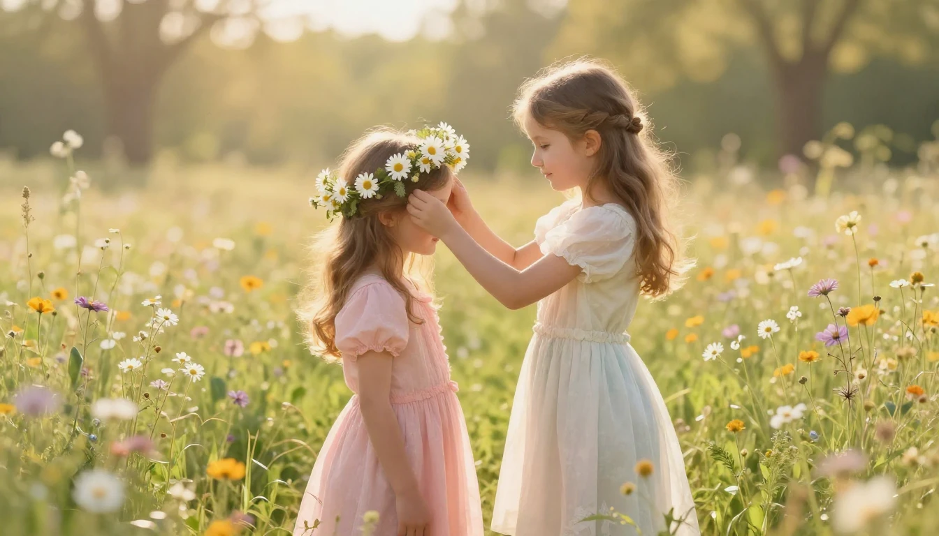 A heartwarming and serene scene featuring two sisters standi...