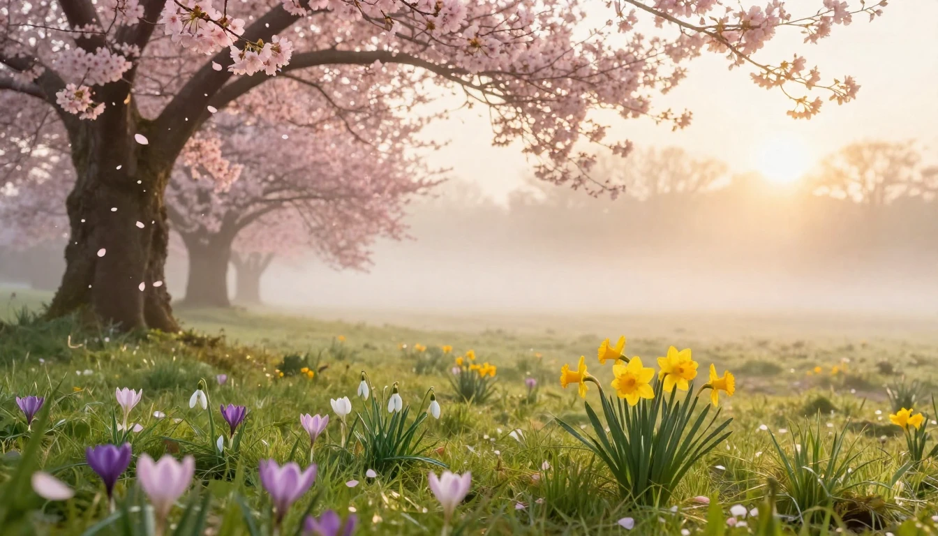 A breathtaking spring landscape at sunrise. In the foregroun...