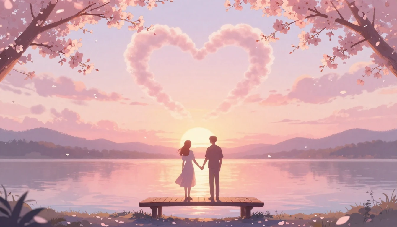 A soft and dreamy artistic scene depicting two silhouettes h...