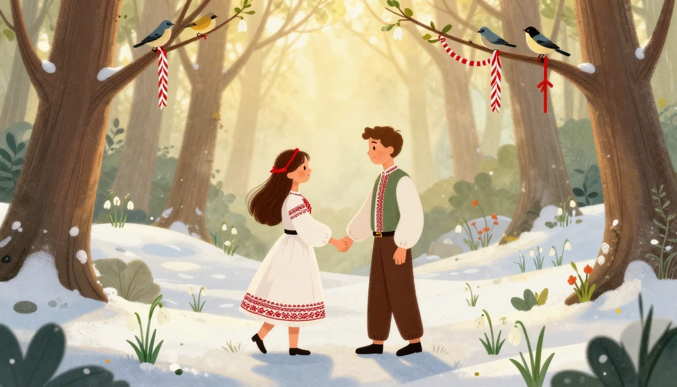 A romantic and whimsical illustration celebrating Dragobete,...