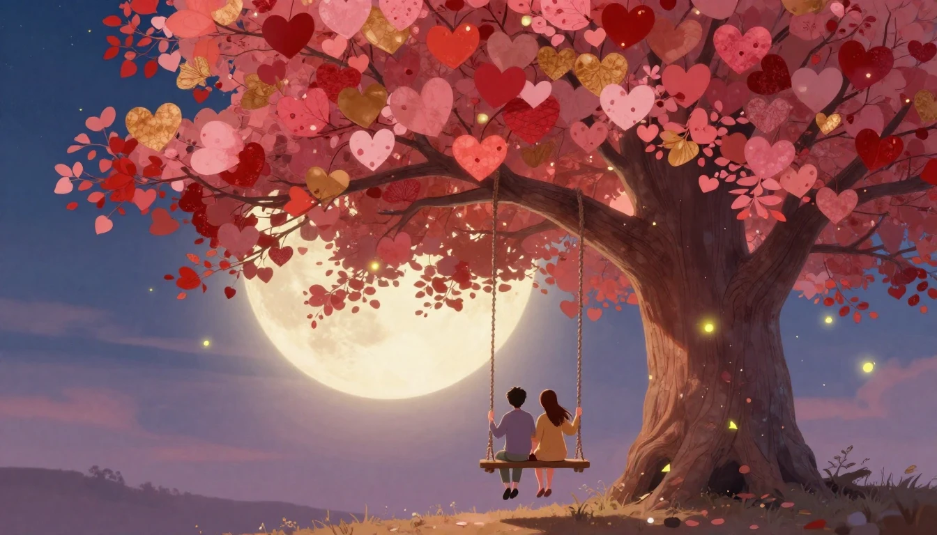 A whimsical and dreamy illustration of a couple sitting on a...