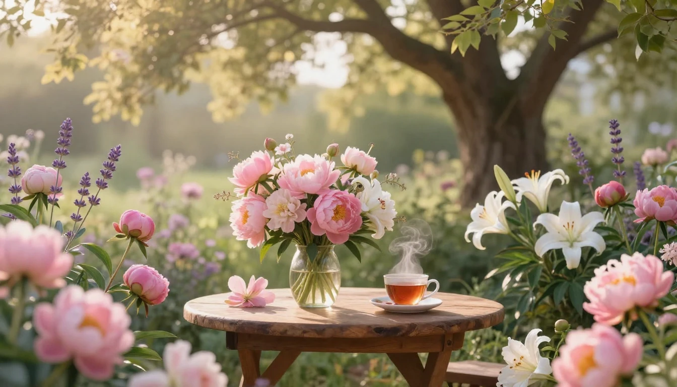 A heartwarming and serene scene of a lush garden filled with...