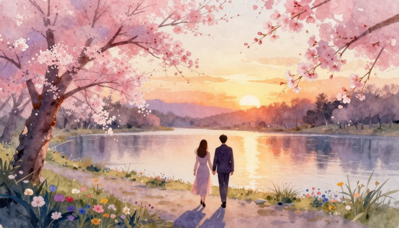 A breathtaking watercolor painting of a romantic scene. Two ...