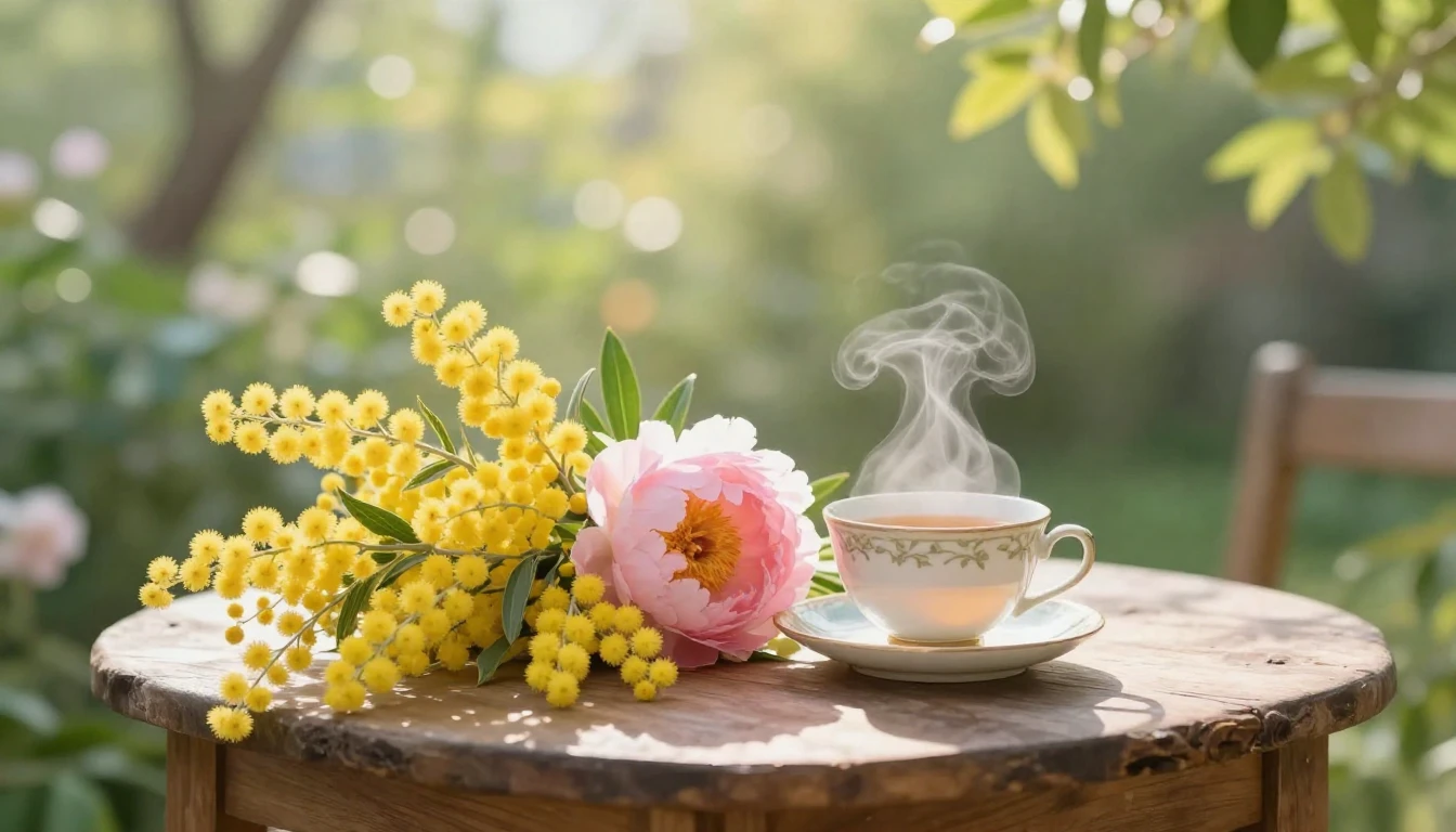 A heartwarming and serene scene in a sun-drenched garden dur...