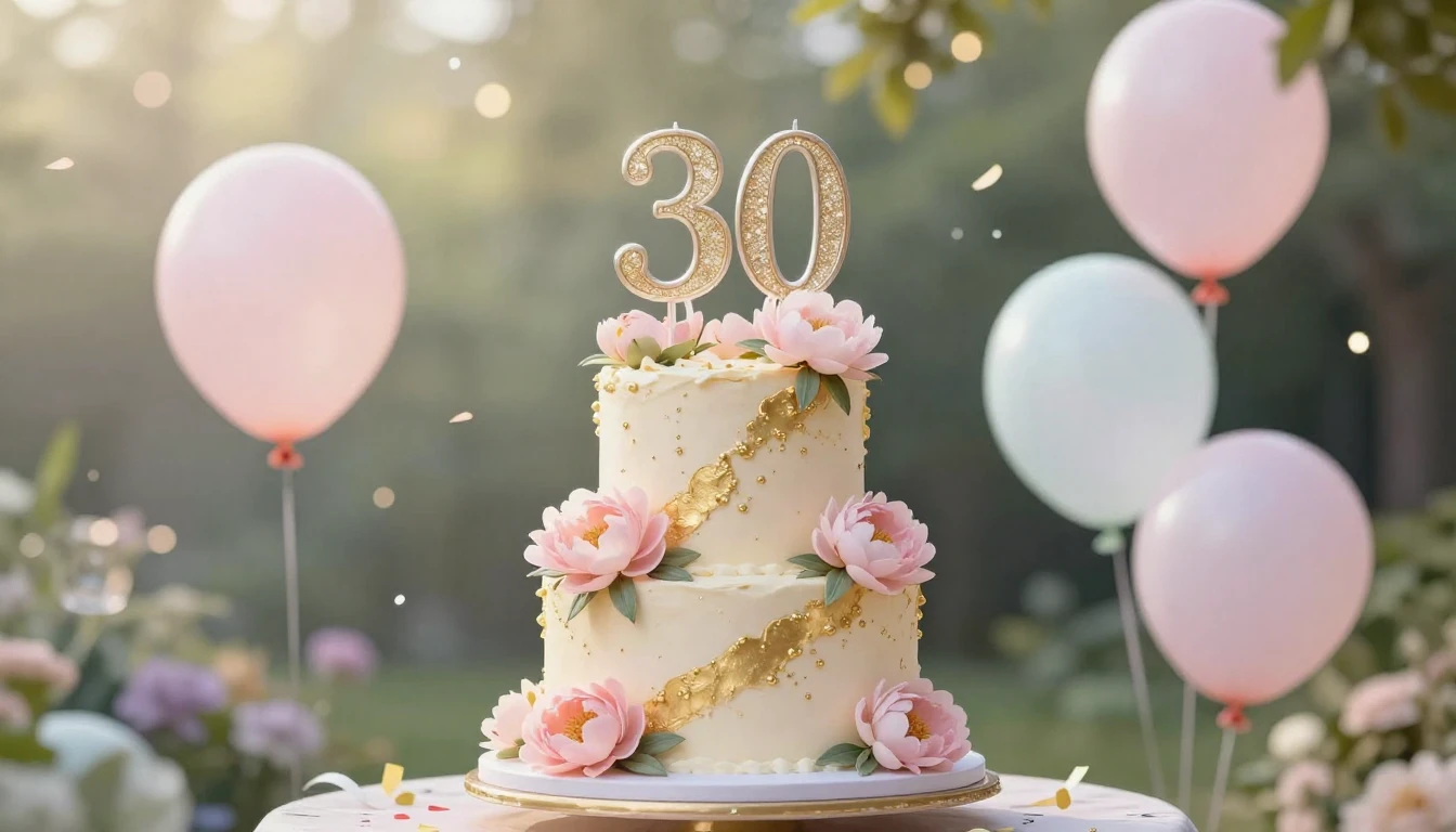 A whimsical and elegant birthday composition for a 30th birt...