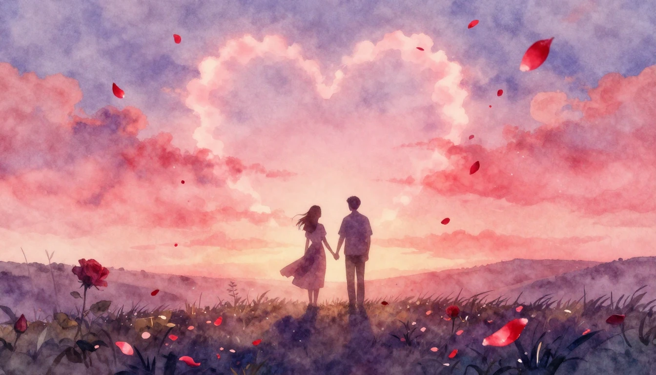 A soft and dreamy watercolor painting depicting a romantic s...