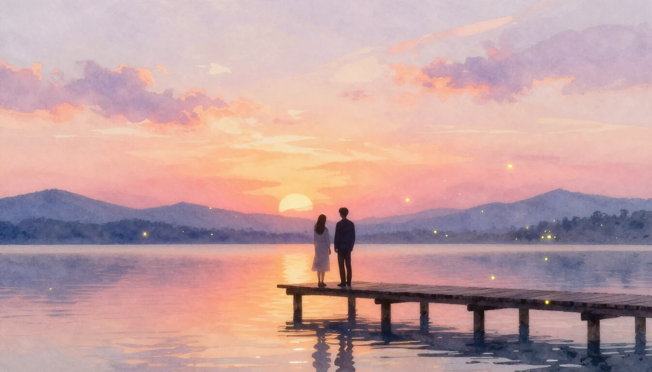 A romantic and ethereal watercolor painting of two silhouett...