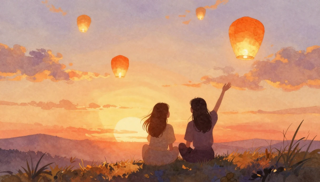 A warm and nostalgic watercolor painting depicting two gentl...