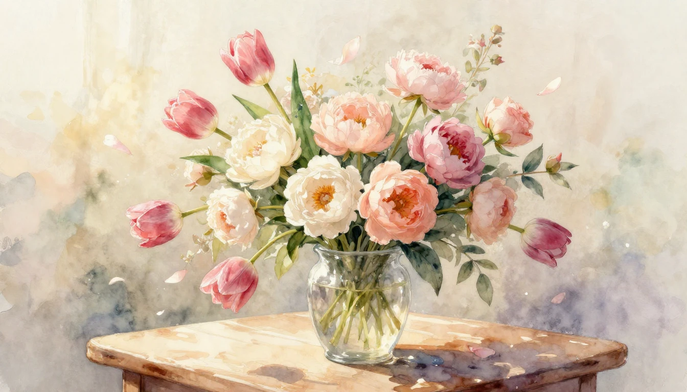 A soft and romantic watercolor painting depicting a lush, ov...