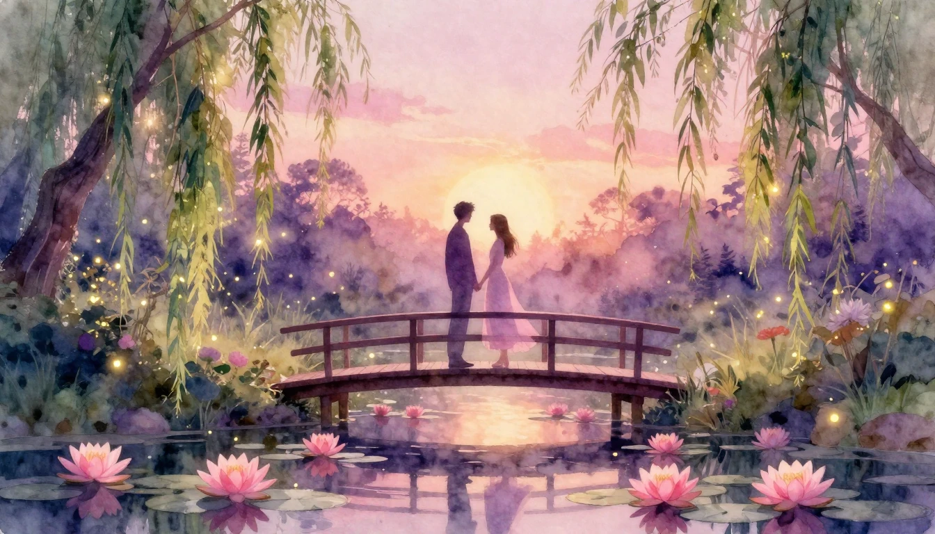 A dreamy and romantic scene in soft watercolor style. Two et...