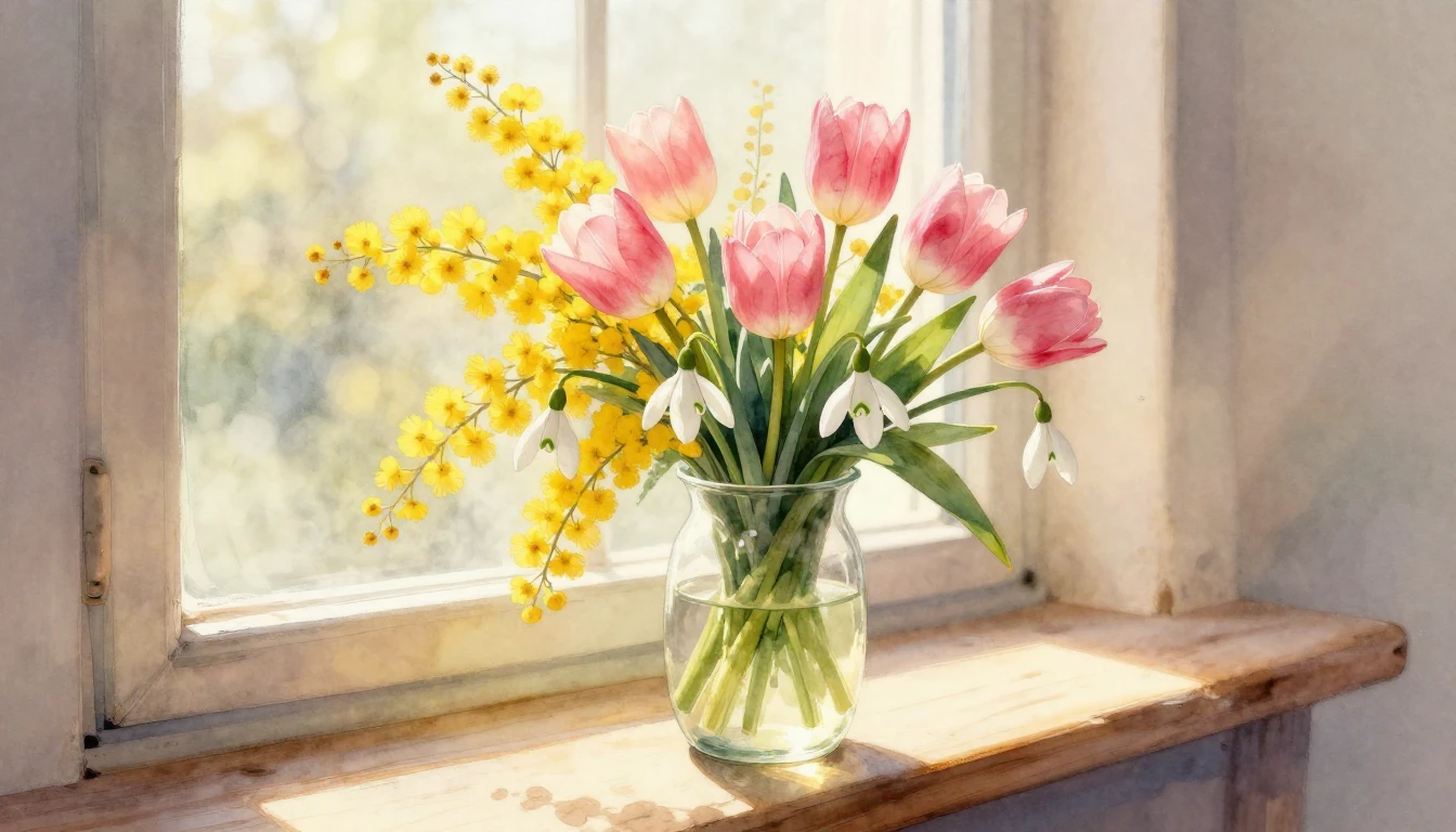 A delicate and vibrant watercolor illustration of a lush bou...