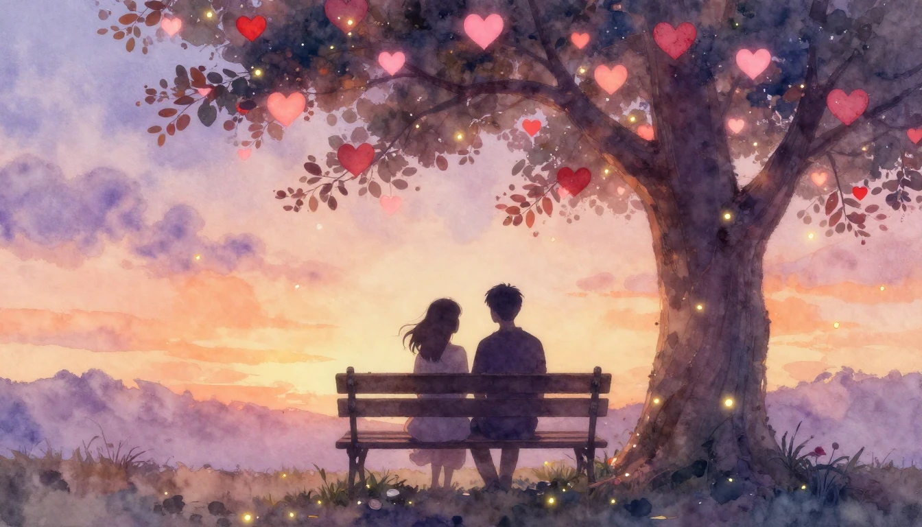 A soft and romantic watercolor painting depicting two silhou...