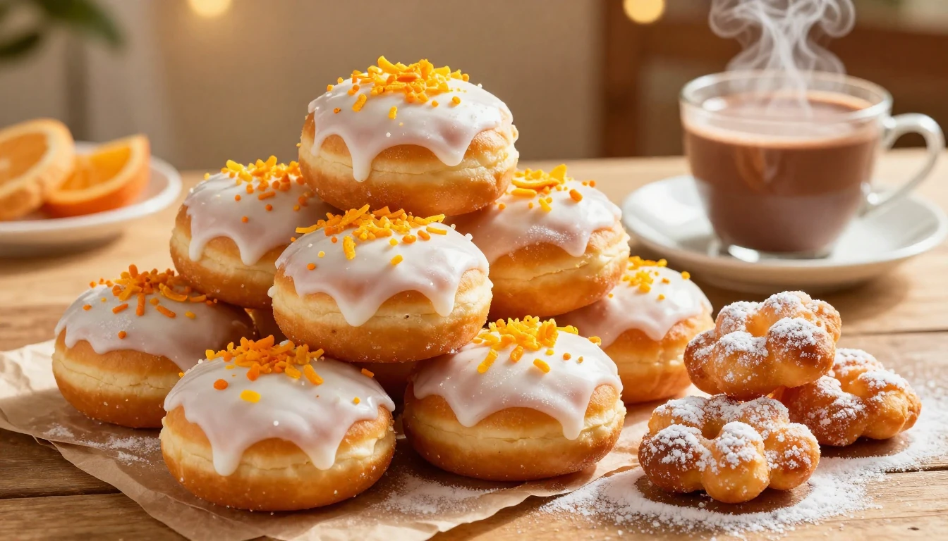 A magnificent mountain of golden-brown traditional donuts, g...