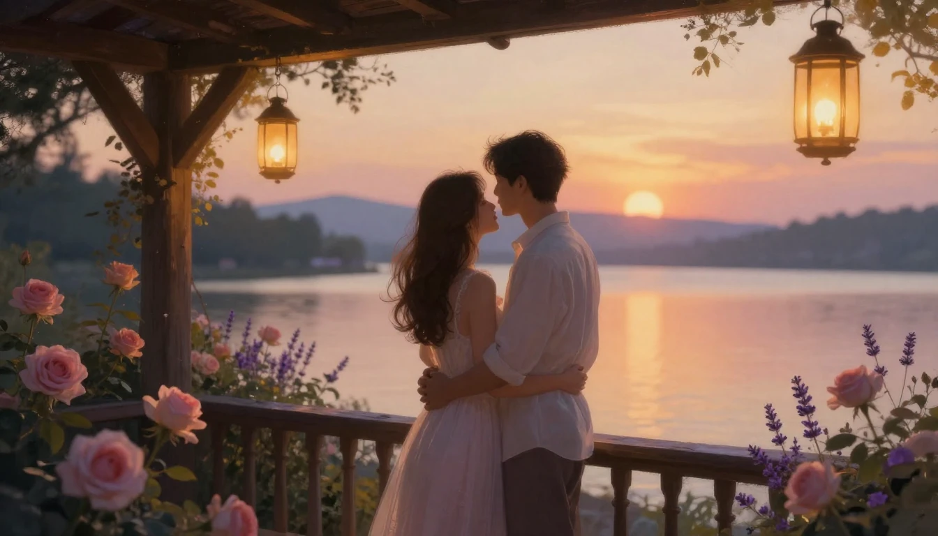 A dreamy and romantic scene featuring a couple standing toge...