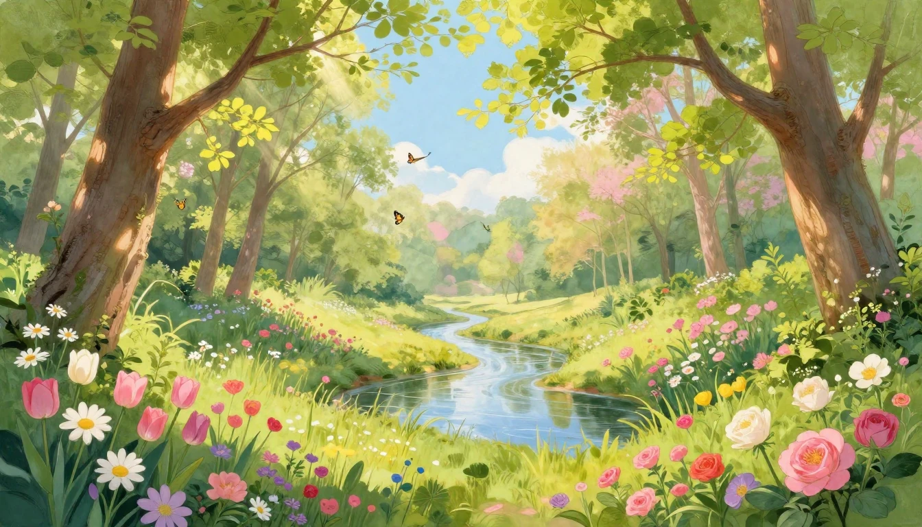 A vibrant and lush spring landscape awakening from winter, p...