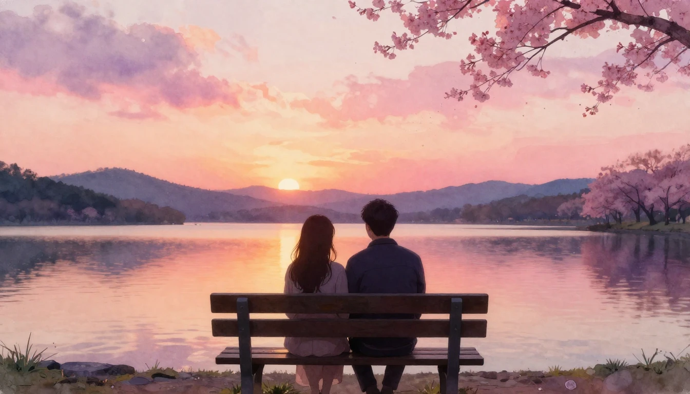 A romantic and cozy scene of two silhouettes sitting closely...