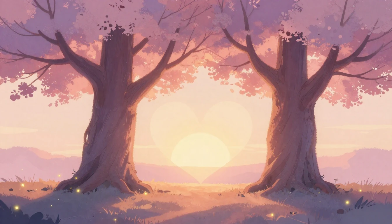 A dreamy and romantic illustration featuring two large, anci...