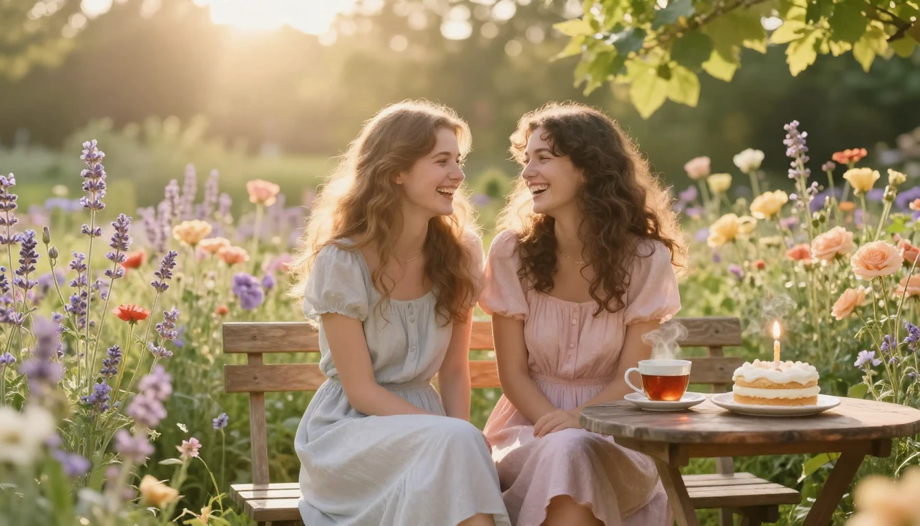 A heartwarming scene of two best friends sitting on a wooden...