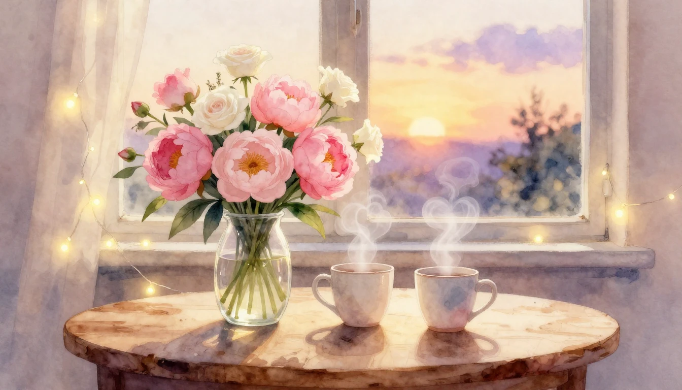 A dreamlike and romantic watercolor illustration of a cozy c...