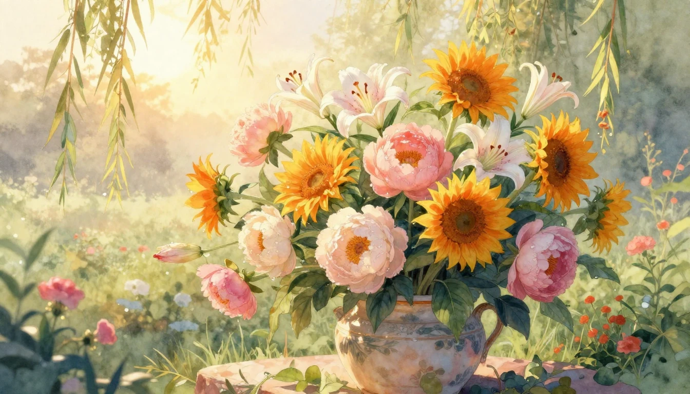 A serene and vibrant watercolor painting of a sunlit garden ...