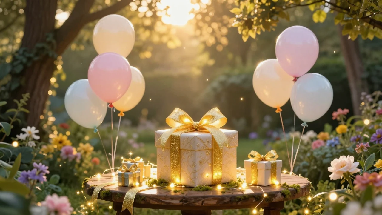 A magical and festive birthday scene set in an enchanted gar...