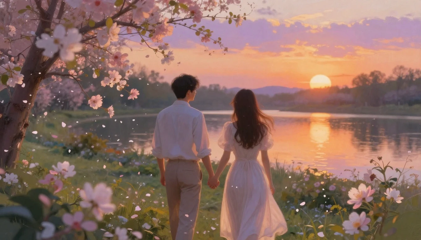 A romantic and ethereal scene of two lovers walking hand-in-...