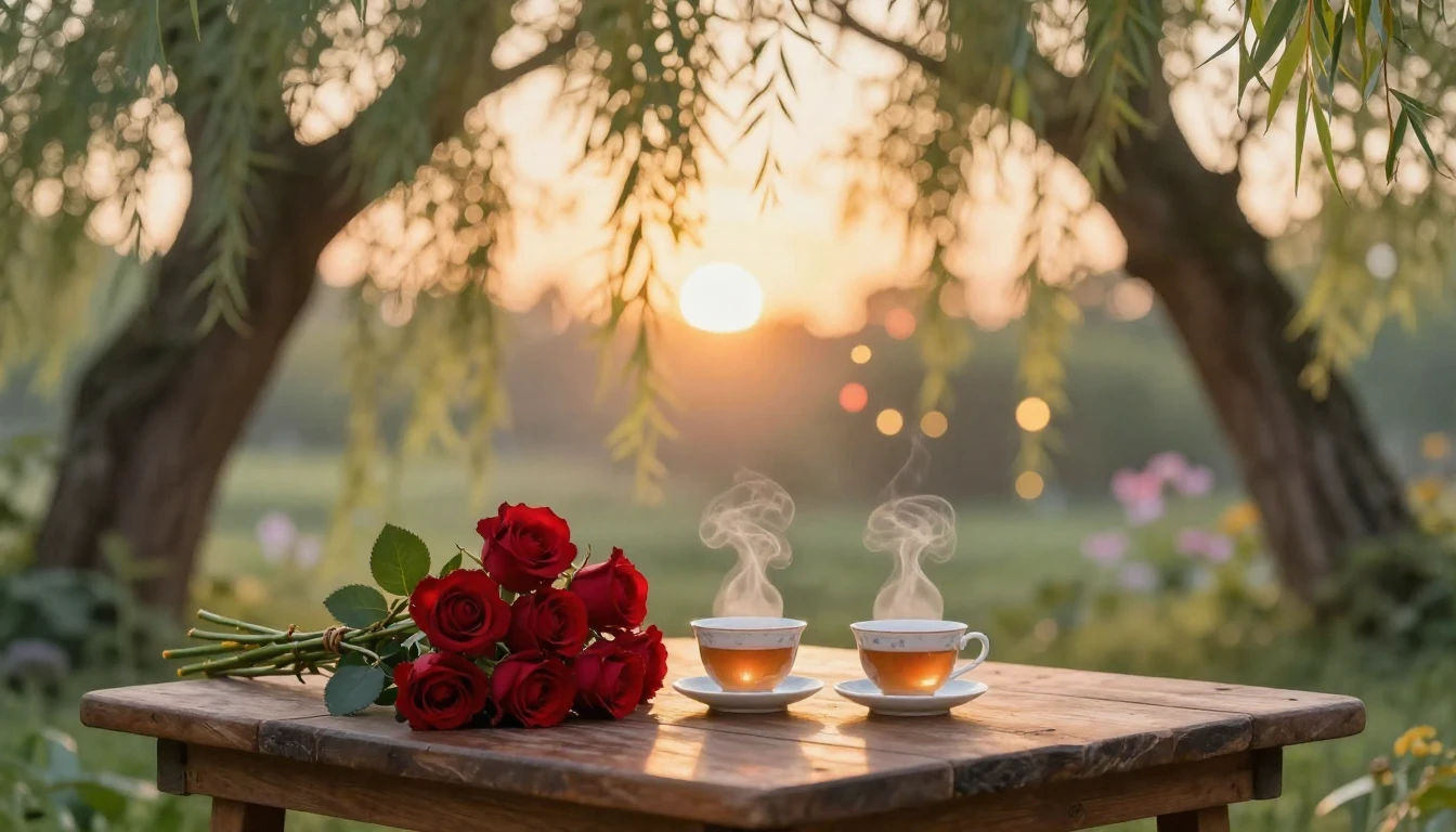 A romantic and cozy scene at sunset in a lush garden. In the...