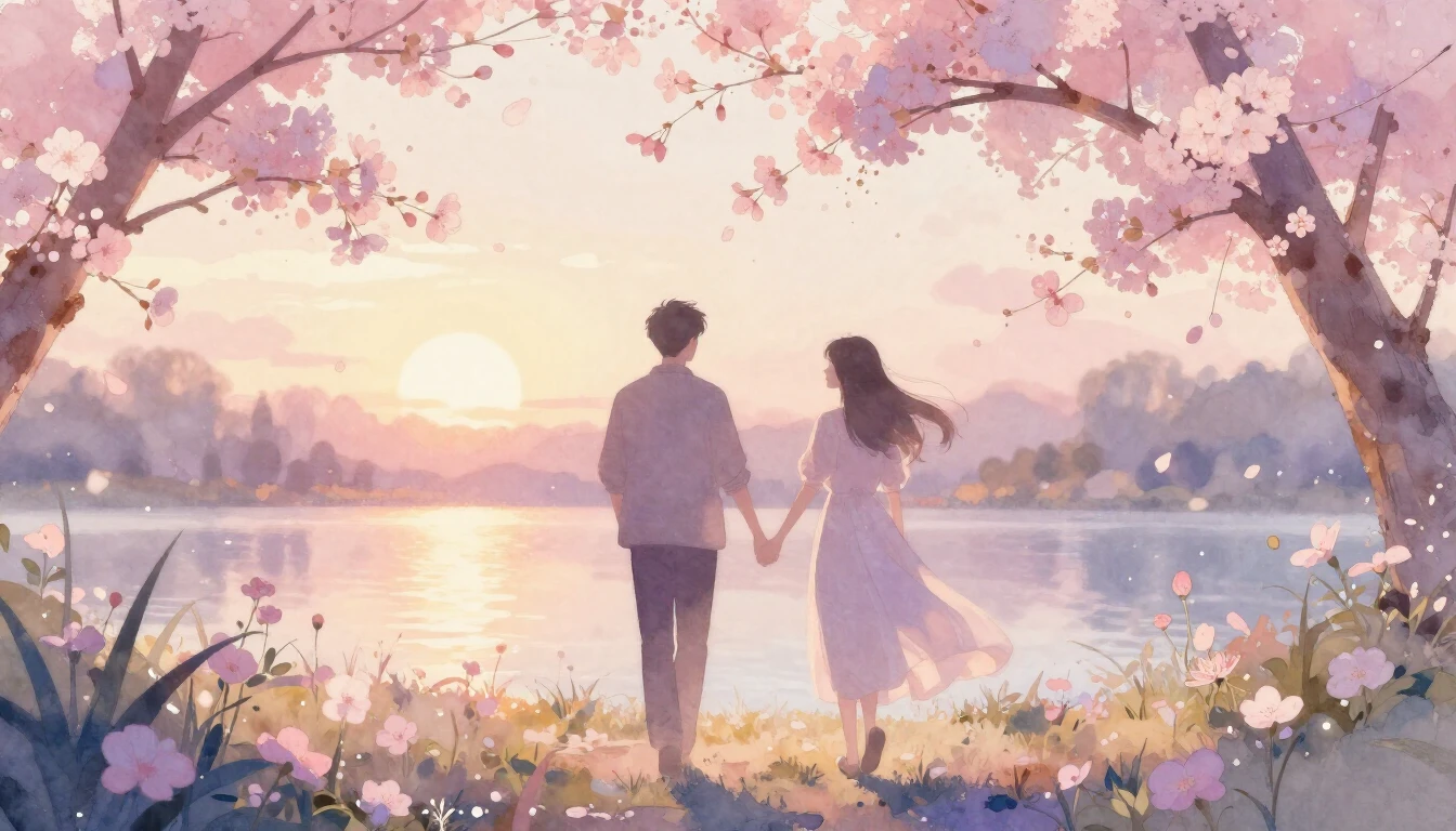 A dreamy and romantic scene of two silhouettes walking hand-...