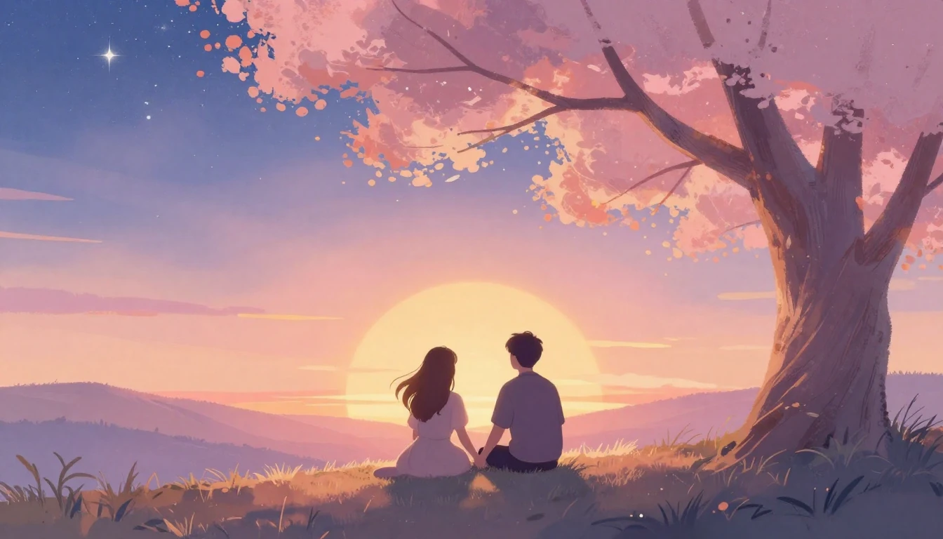 A romantic and dreamy illustration featuring two silhouettes...