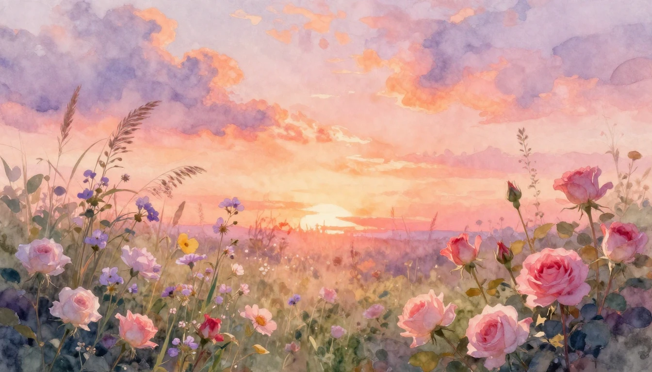 A dreamy and romantic watercolor painting of a serene garden...
