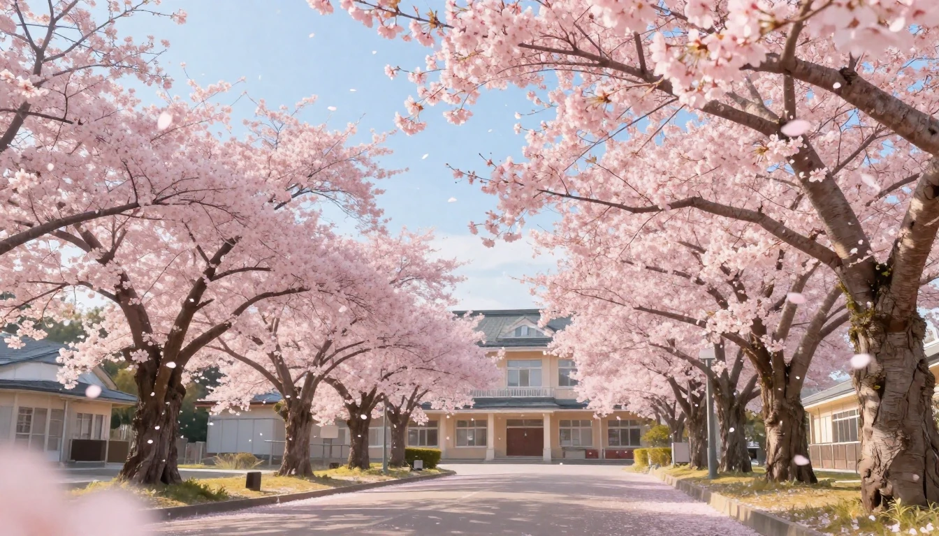 A scenic view of a Japanese school path lined with blooming ...