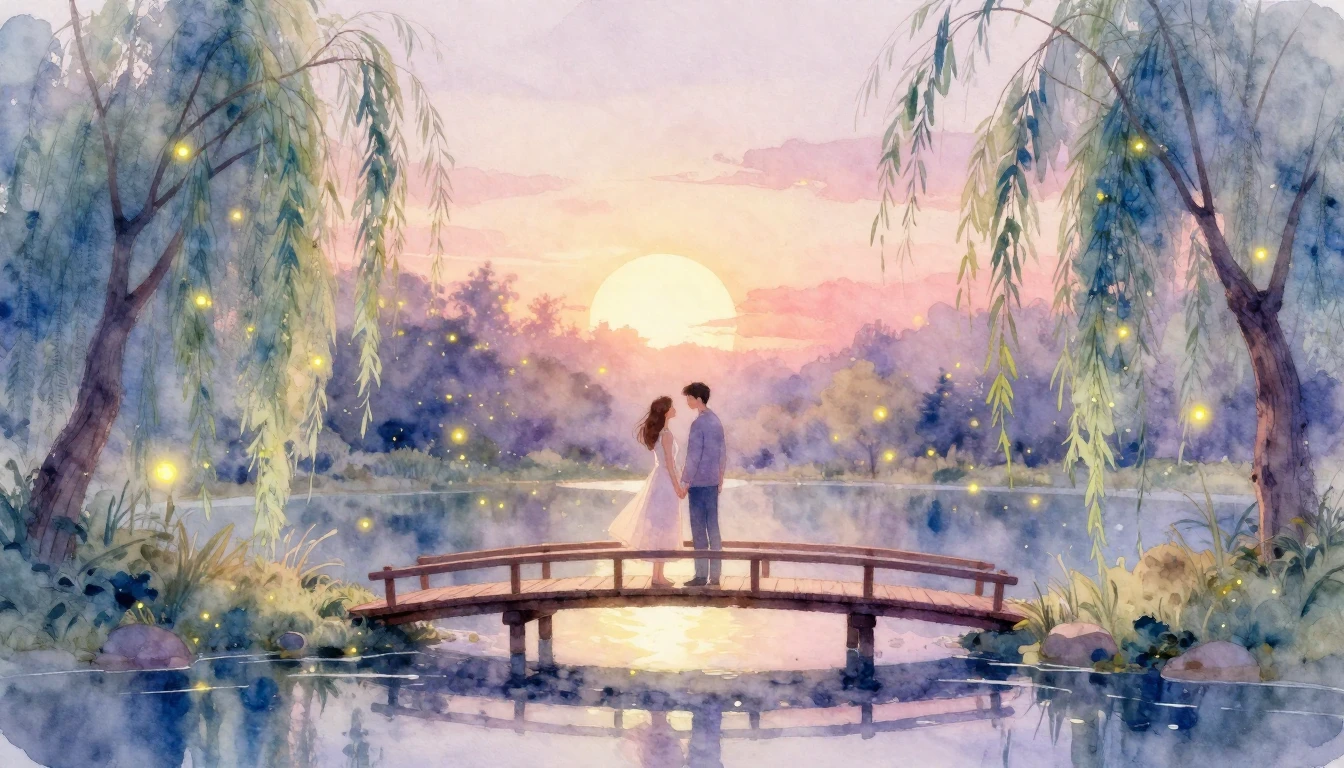 A dreamy and ethereal watercolor painting of a romantic coup...