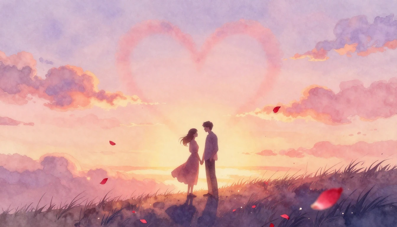 A soft and dreamy watercolor painting depicting a romantic s...