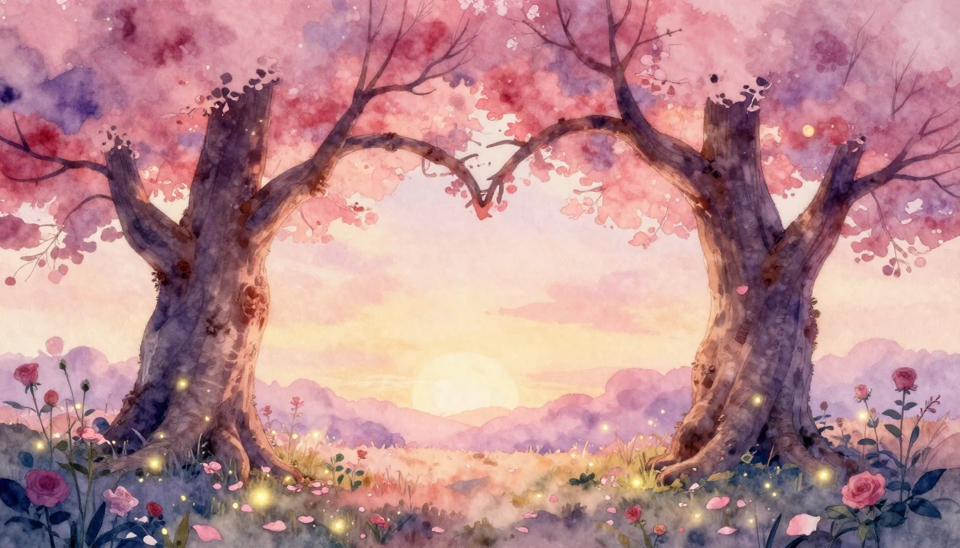 A romantic and dreamy watercolor composition featuring two l...