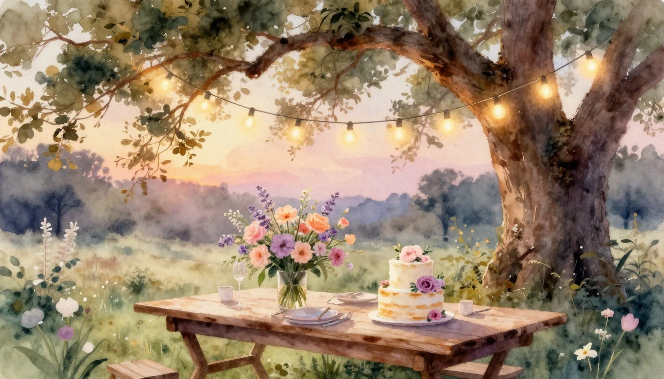 A dreamy watercolor painting of a celebratory garden scene d...