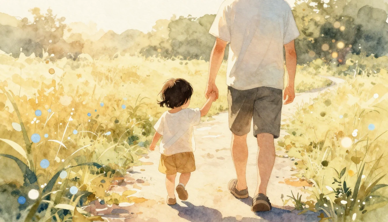 A heartwarming watercolor illustration depicting a father an...