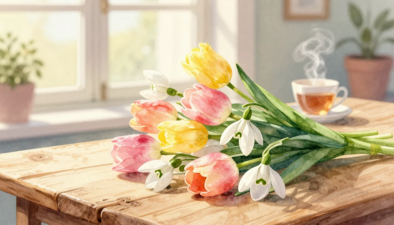 A soft and gentle watercolor illustration depicting a bouque...