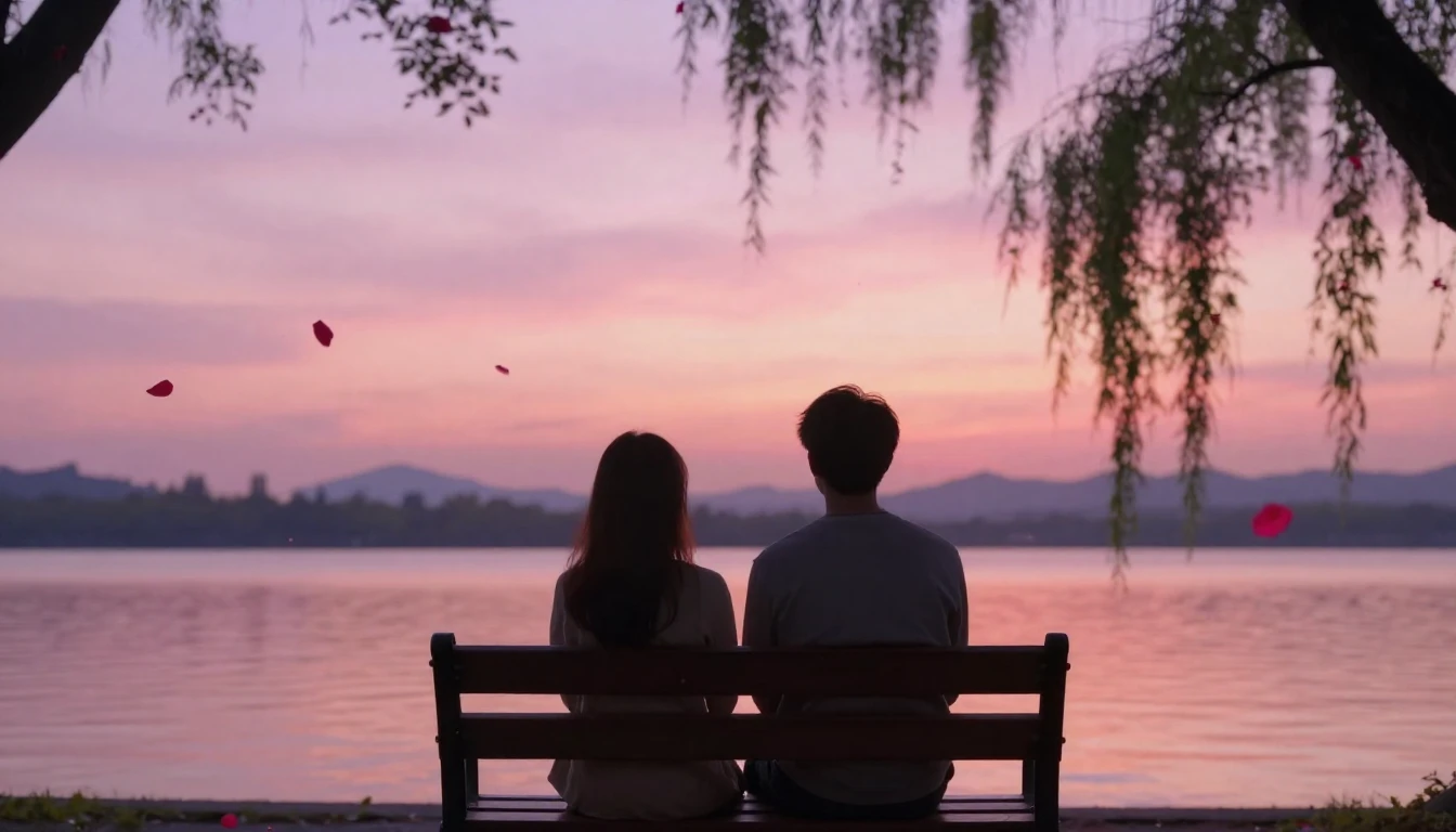 A romantic and soft scene featuring two silhouettes sitting ...