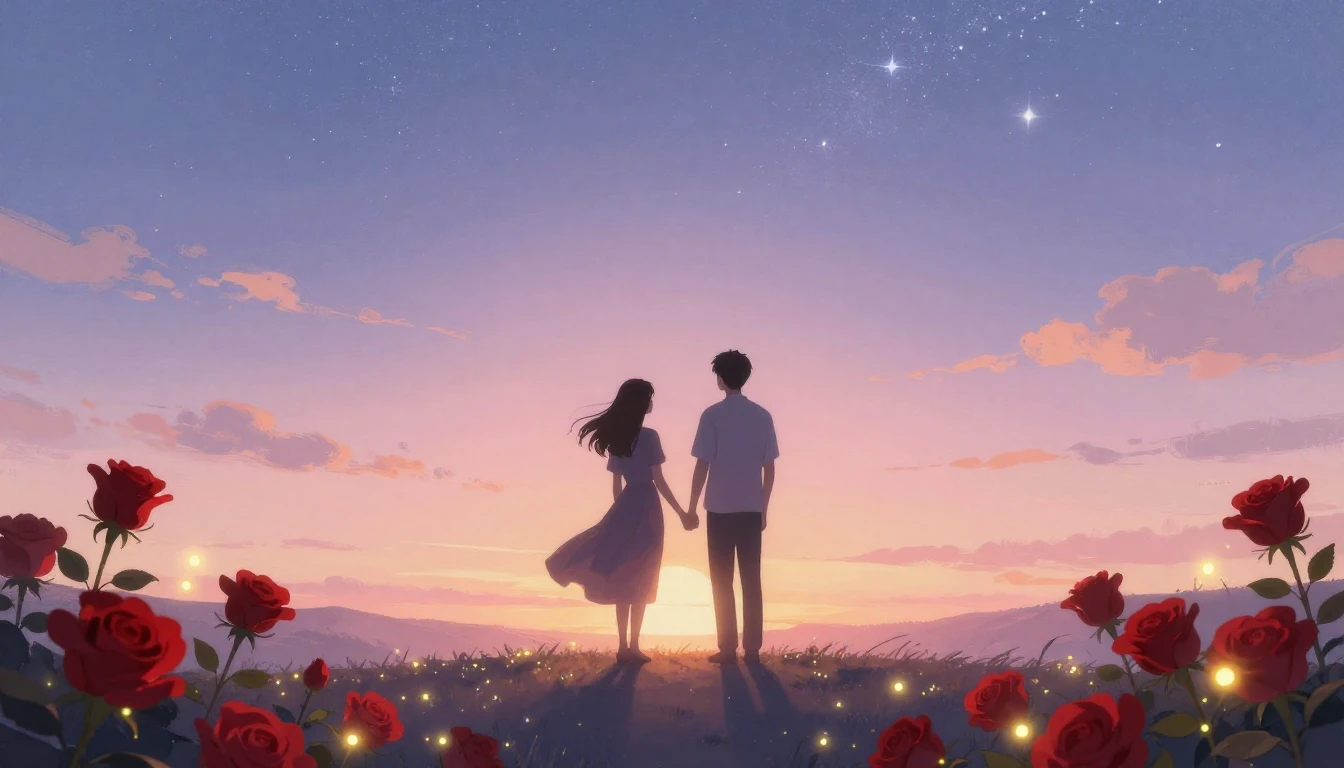 A romantic and soft composition featuring two silhouettes of...