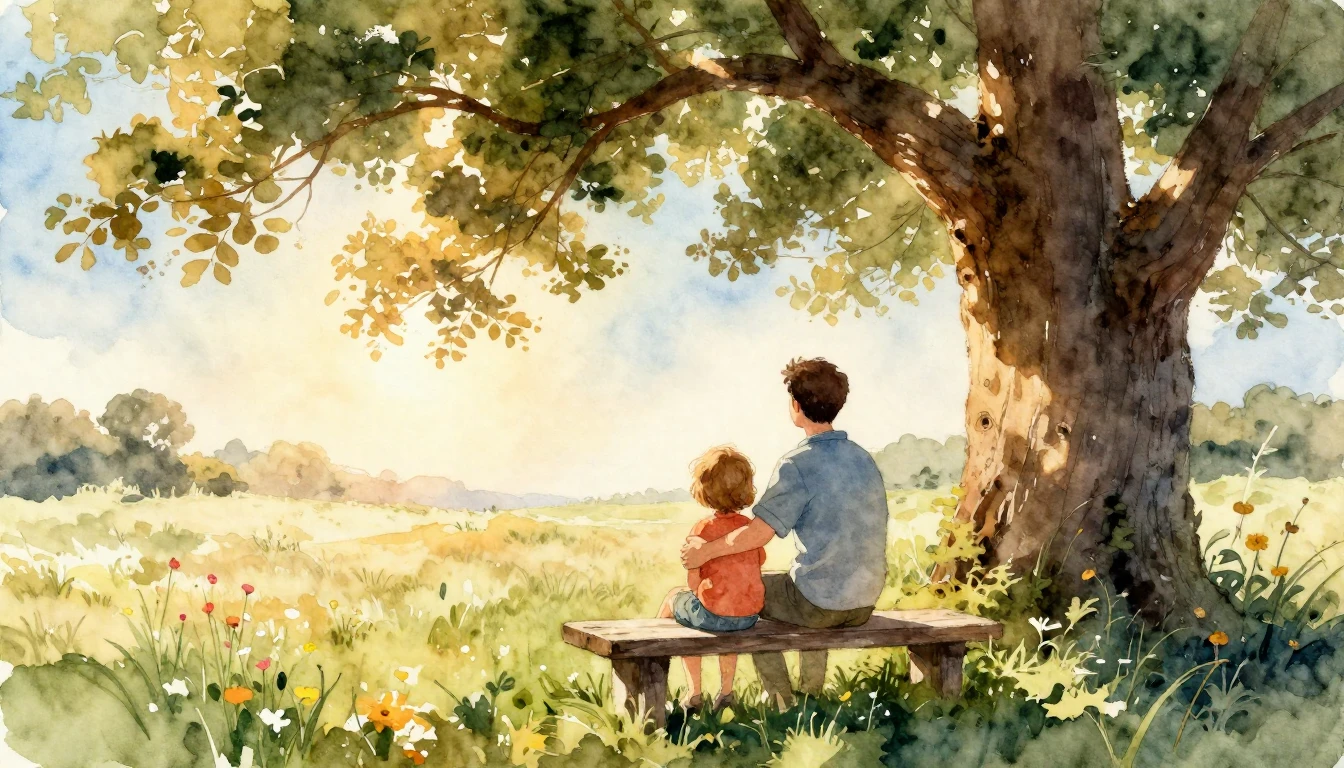 A heartwarming watercolor painting depicting a tender moment...