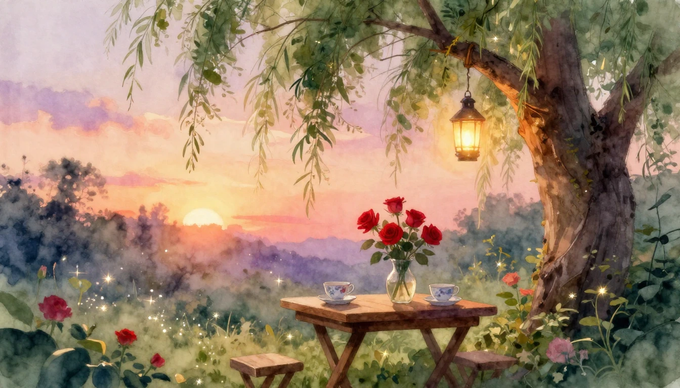 A dreamy and romantic scene in a lush garden at golden hour....